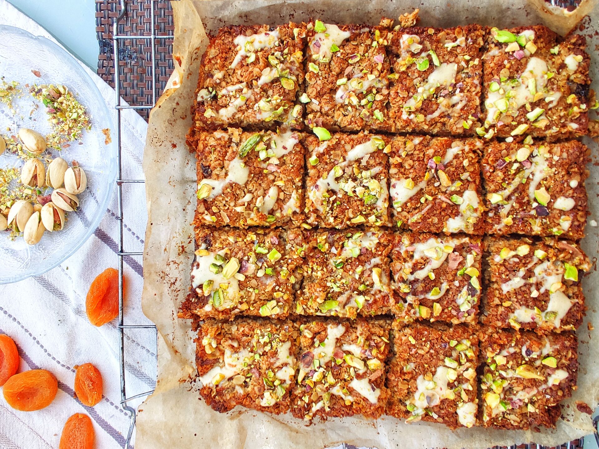 Apricot and Tahini Flapjacks with Crushed Pistachios (Ve)